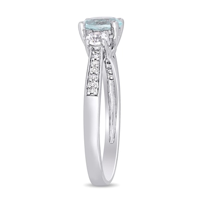 6.0mm Aquamarine, Lab-Created White Sapphire and 0.04 CT. T.W. Diamond Three Stone Engagement Ring in 10K White Gold