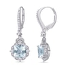 Thumbnail Image 0 of Cushion-Cut Aquamarine, White Sapphire and 0.16 CT. T.W. Diamond Floral Vintage-Style Drop Earrings in 14K White Gold