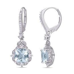 Cushion-Cut Aquamarine, White Sapphire and 0.16 CT. T.W. Diamond Floral Vintage-Style Drop Earrings in 14K White Gold