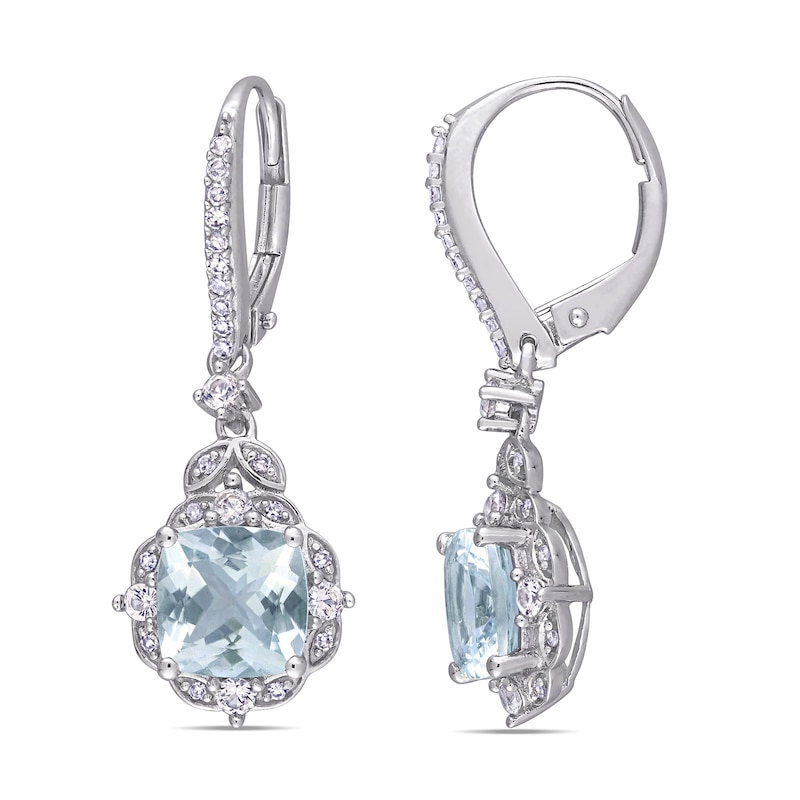 Cushion-Cut Aquamarine, White Sapphire and 0.16 CT. T.W. Diamond Floral Vintage-Style Drop Earrings in 14K White Gold|Peoples Jewellers