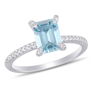 Emerald-Cut Aquamarine and 0.10 CT. T.W. Diamond Prong Engagement Ring in 14K White Gold