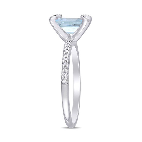 Emerald-Cut Aquamarine and 0.10 CT. T.W. Diamond Prong Engagement Ring in 14K White Gold