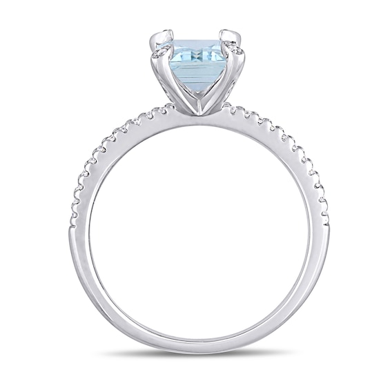 Emerald-Cut Aquamarine and 0.10 CT. T.W. Diamond Prong Engagement Ring in 14K White Gold