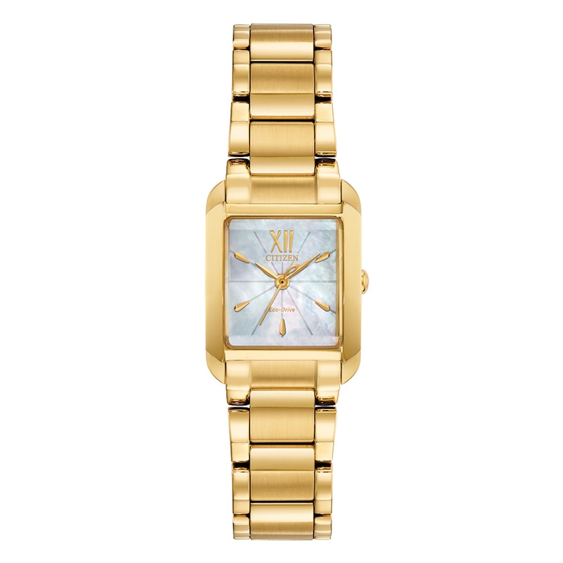 Ladies' Citizen Eco-Drive®L Bianca Gold-Tone Watch with Rectangular Mother-of-Pearl Dial (Model: EW5552-53D)