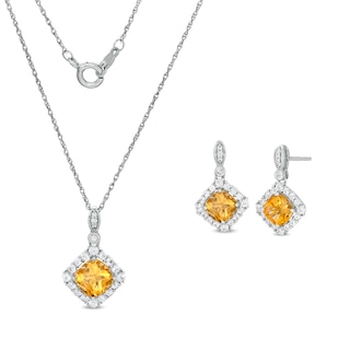 Cushion-Cut Citrine and Lab-Created White Sapphire Frame Pendant and Drop Earrings Set in Sterling Silver