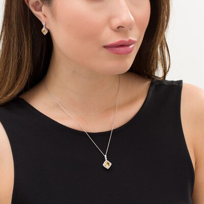 Cushion-Cut Citrine and Lab-Created White Sapphire Frame Pendant and Drop Earrings Set in Sterling Silver