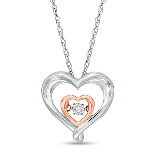 Diamond Accent Double Heart Outline Pendant in Sterling Silver with 14K Rose Gold Plate