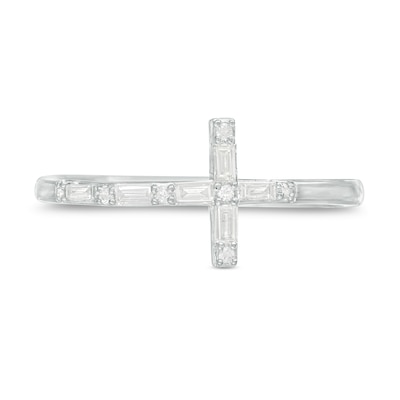 0.145 CT. T.W. Baguette and Round Diamond Sideways Cross Ring in 10K White Gold