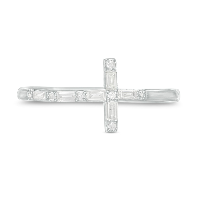 0.145 CT. T.W. Baguette and Round Diamond Sideways Cross Ring in 10K White Gold|Peoples Jewellers