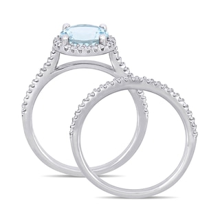 8.0mm Aquamarine and 0.35 CT. T.W. Diamond Frame Bridal Set in 14K White Gold