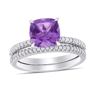 8.0mm Cushion-Cut Amethyst and 0.23 CT. T.W. Diamond Bridal Set in 14K White Gold