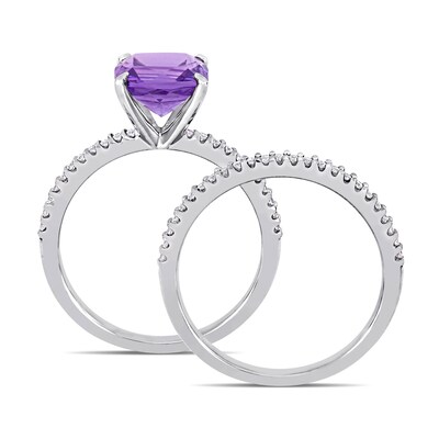 8.0mm Cushion-Cut Amethyst and 0.23 CT. T.W. Diamond Bridal Set in 14K White Gold