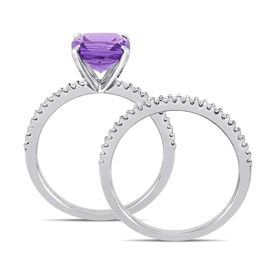 8.0mm Cushion-Cut Amethyst and 0.23 CT. T.W. Diamond Bridal Set in 14K White Gold