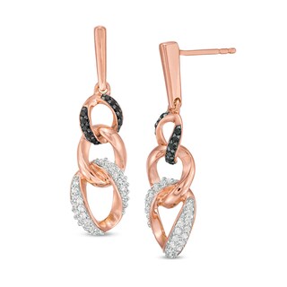 0.29 CT. T.W. Enhanced Black and White Diamond Graduated Three Link Chain Drop Earrings in 10K Rose Gold