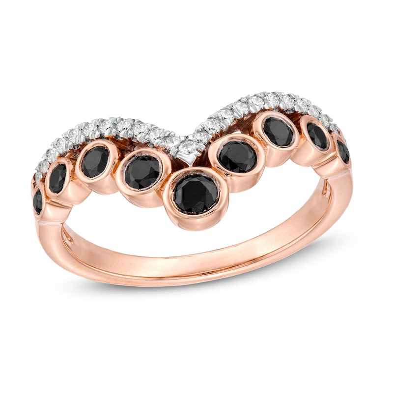 0.45 CT. T.W. Enhanced Black and White Diamond Graduated Double Row Chevron Ring in 10K Rose Gold|Peoples Jewellers