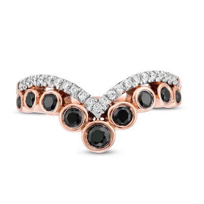 0.45 CT. T.W. Enhanced Black and White Diamond Graduated Double Row Chevron Ring in 10K Rose Gold