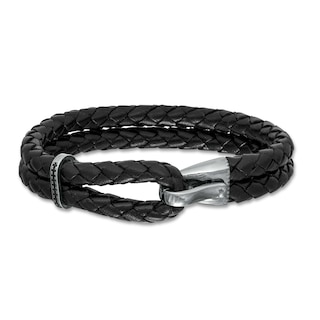 Vera Wang Men 0.11 CT. T.W. Black Diamond Braided Leather Bracelet in Sterling Silver with Black Rhodium - 8.5"