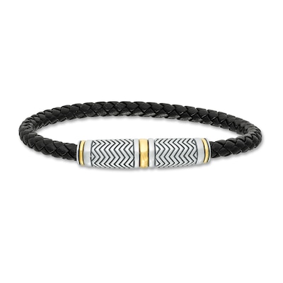 Vera Wang Men Black Braided Leather Bracelet with Sterling Silver and 14K Gold Chevron Barrel Clasp - 8.5"