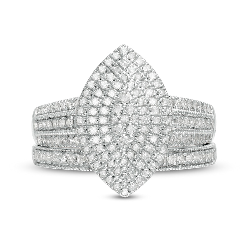 0.69 CT. T.W. Multi-Diamond Triple Marquise Frame Vintage-Style Multi-Row Bridal Set in 10K White Gold