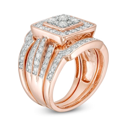 1.45 CT. T.W. Composite Diamond Cushion Frame Multi-Row Three Piece Bridal Set in 10K Rose Gold