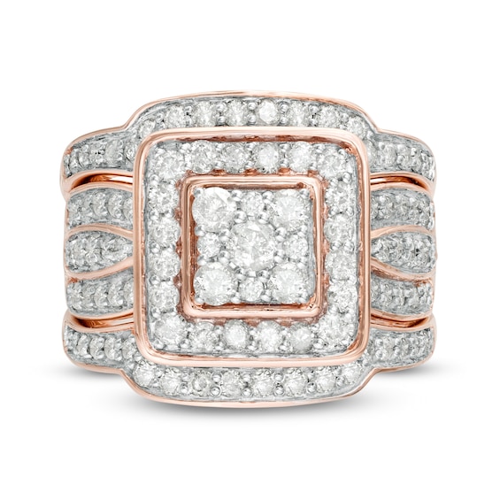 1.45 CT. T.W. Composite Diamond Cushion Frame Multi-Row Three Piece Bridal Set in 10K Rose Gold