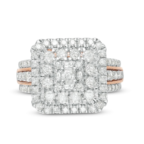 2.11 CT. T.W. Composite Diamond Double Cushion Frame Multi-Row Engagement Ring in 10K Rose Gold