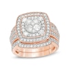 1.45 CT. T.W. Composite Diamond Double Cushion Frame Vintage-Style Multi-Row Bridal Set in 10K Rose Gold