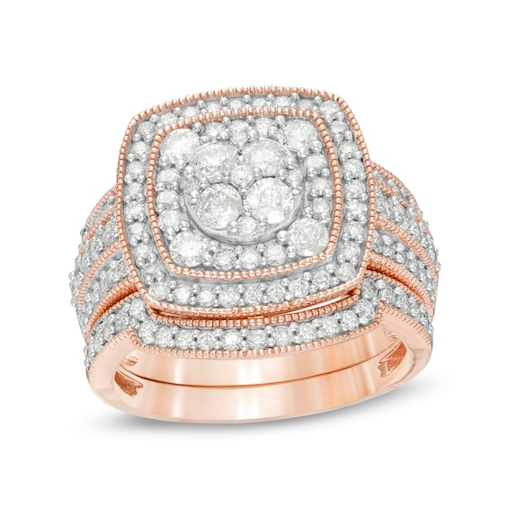 1.45 CT. T.W. Composite Diamond Double Cushion Frame Vintage-Style Multi-Row Bridal Set in 10K Rose Gold