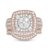 1.45 CT. T.W. Composite Diamond Double Cushion Frame Vintage-Style Multi-Row Bridal Set in 10K Rose Gold