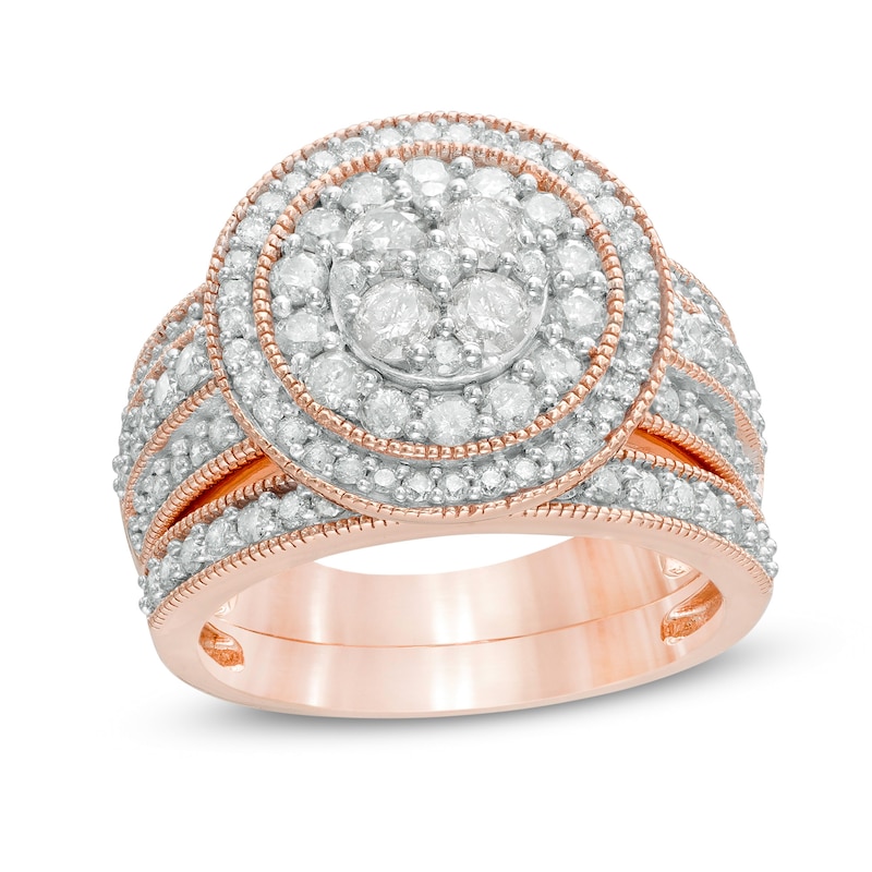 1.45 CT. T.W. Composite Diamond Double Frame Multi-Row Vintage-Style Bridal Set in 10K Rose Gold|Peoples Jewellers