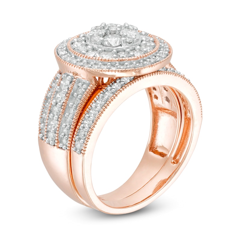 1.45 CT. T.W. Composite Diamond Double Frame Multi-Row Vintage-Style Bridal Set in 10K Rose Gold