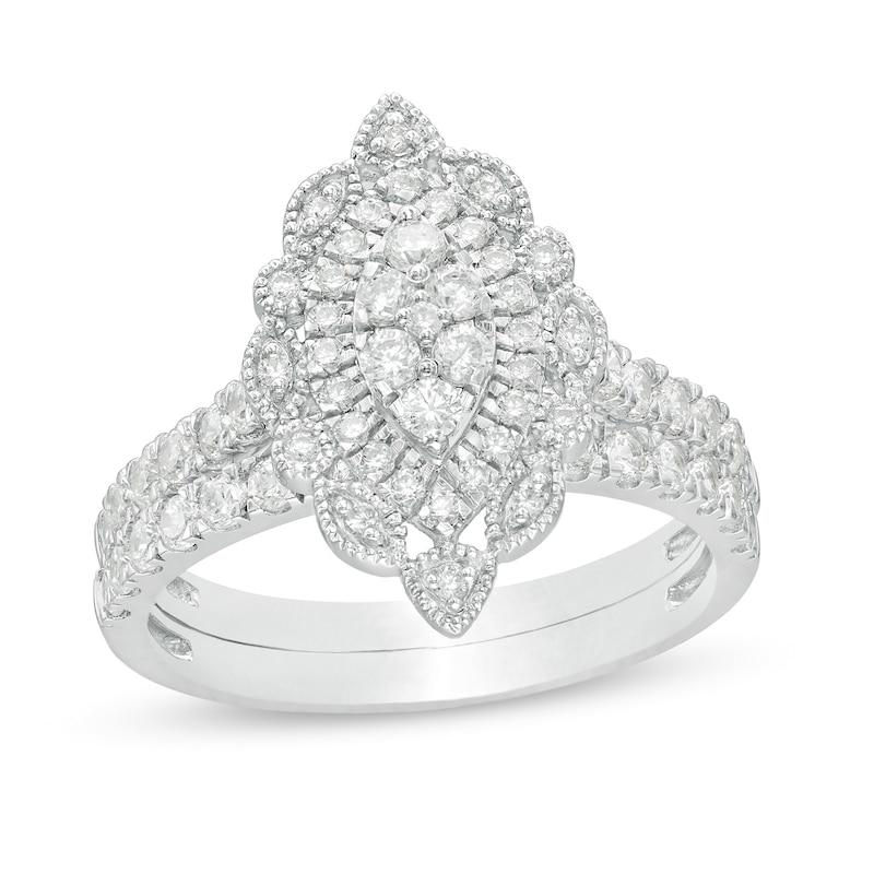 0.95 CT. T.W. Multi-Diamond Scallop Marquise Frame Vintage-Style Bridal Set in 10K White Gold