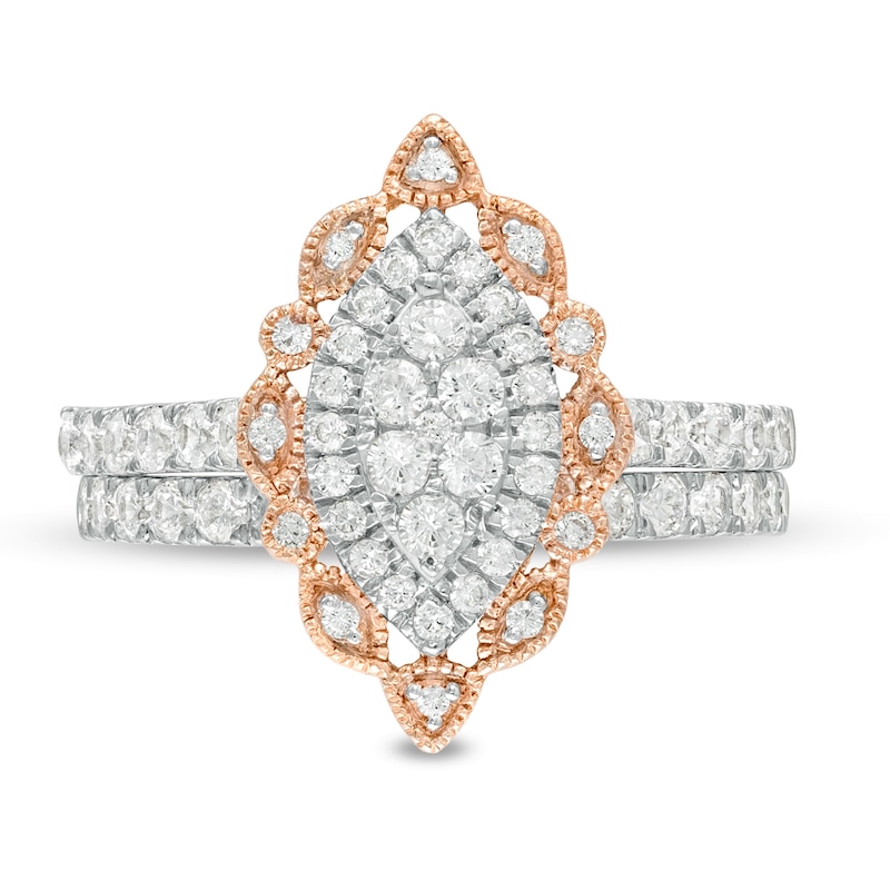 0.95 CT. T.W. Multi-Diamond Scallop Marquise Frame Vintage-Style Bridal Set in 10K Rose Gold|Peoples Jewellers