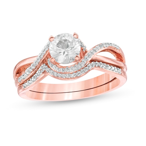 5.5mm Lab-Created White Sapphire and 0.088 Diamond Swirl Frame Bridal Set in Sterling Silver with 14K Rose Gold Plate