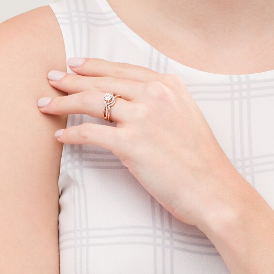 5.5mm Lab-Created White Sapphire and 0.088 Diamond Swirl Frame Bridal Set in Sterling Silver with 14K Rose Gold Plate