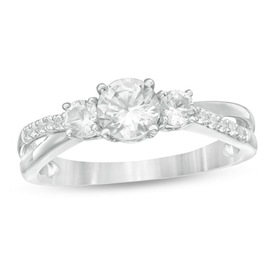 Lab-Created White Sapphire Three Stone Split Shank Ring in 10K White Gold