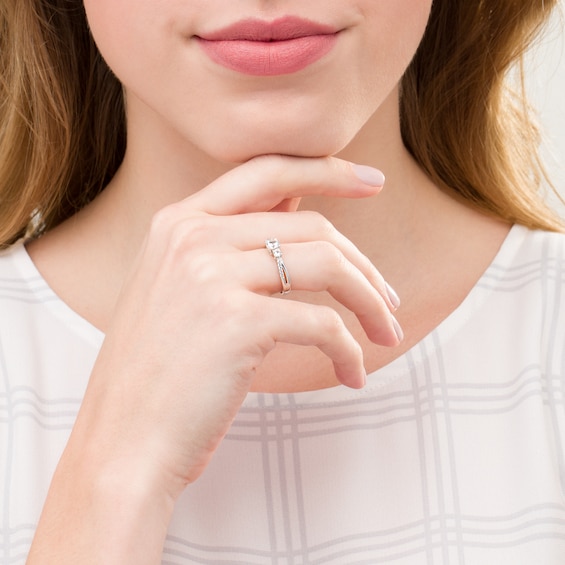 Lab-Created White Sapphire Three Stone Split Shank Ring in 10K White Gold