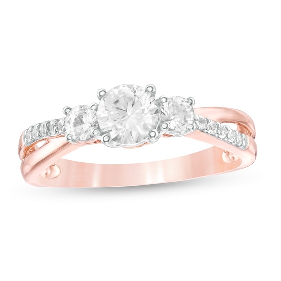 Lab-Created White Sapphire Three Stone Split Shank Ring in 10K Rose Gold