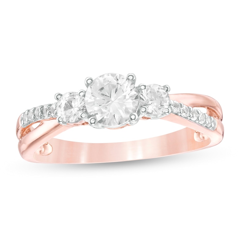 Lab-Created White Sapphire Three Stone Split Shank Ring in 10K Rose Gold|Peoples Jewellers