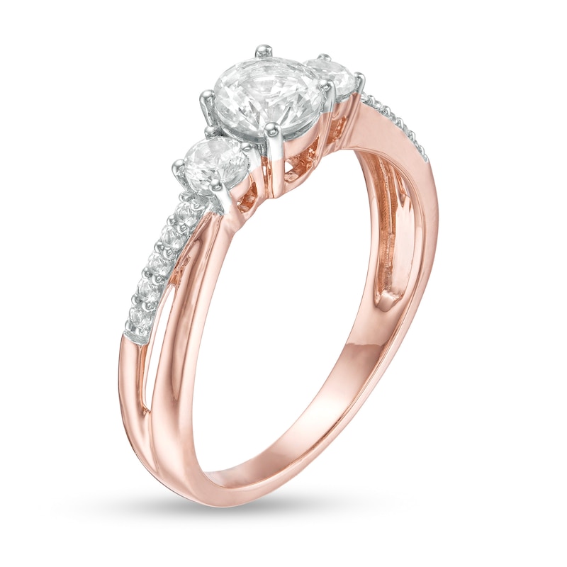 Lab-Created White Sapphire Three Stone Split Shank Ring in 10K Rose Gold|Peoples Jewellers