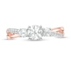 Lab-Created White Sapphire Three Stone Split Shank Ring in 10K Rose Gold