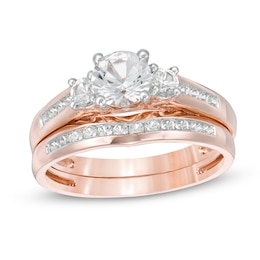 5.4mm Lab-Created White Sapphire Three Stone Bridal Set in 10K Rose Gold