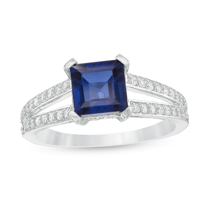 7.2mm Princess-Cut Lab-Created Blue Sapphire and 0.23 CT. T.W. Diamond Split Shank Ring in 10K White Gold|Peoples Jewellers