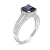 Thumbnail Image 2 of 7.2mm Princess-Cut Lab-Created Blue Sapphire and 0.23 CT. T.W. Diamond Split Shank Ring in 10K White Gold