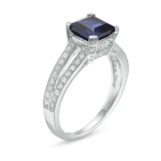 7.2mm Princess-Cut Lab-Created Sapphire and 0.23 CT. T.W. Diamond Split Shank Ring in 10K White Gold