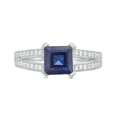 7.2mm Princess-Cut Lab-Created Sapphire and 0.23 CT. T.W. Diamond Split Shank Ring in 10K White Gold