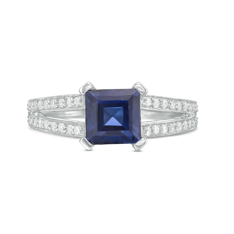 7.2mm Princess-Cut Lab-Created Blue Sapphire and 0.23 CT. T.W. Diamond Split Shank Ring in 10K White Gold|Peoples Jewellers