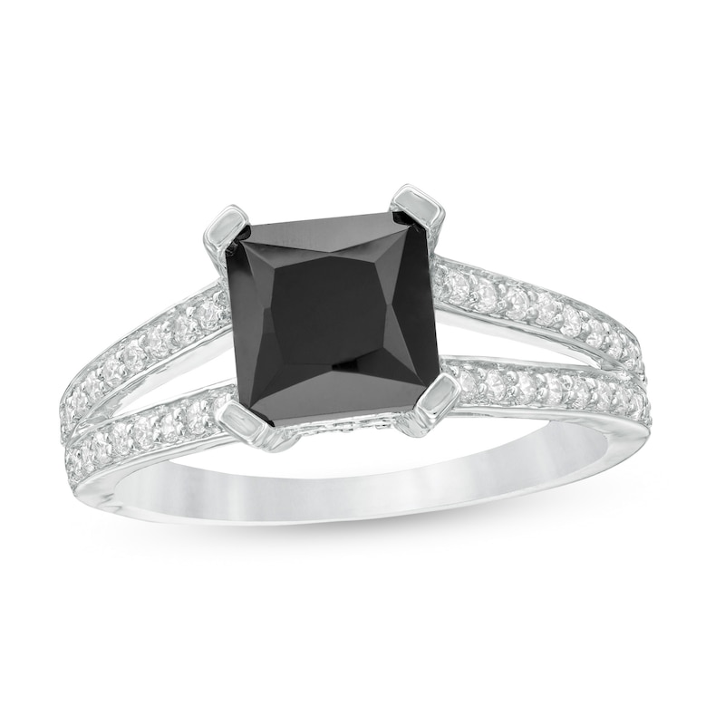 Main Image 1 of 7.2mm Princess-Cut Lab-Created Black Sapphire and 0.23 CT. T.W. Diamond Split Shank Ring in 10K White Gold