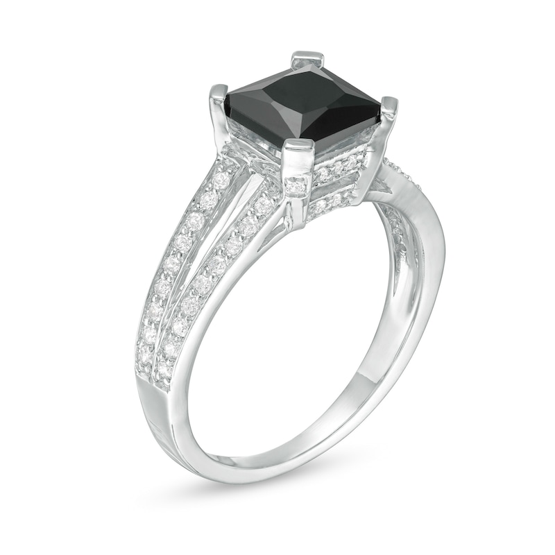 Main Image 3 of 7.2mm Princess-Cut Lab-Created Black Sapphire and 0.23 CT. T.W. Diamond Split Shank Ring in 10K White Gold