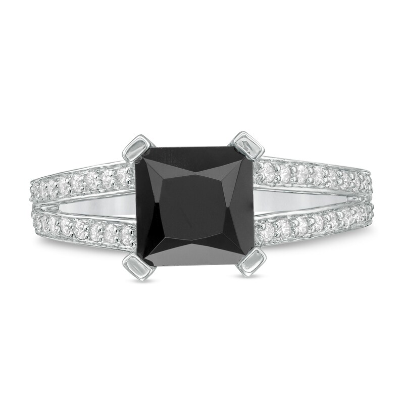 Main Image 4 of 7.2mm Princess-Cut Lab-Created Black Sapphire and 0.23 CT. T.W. Diamond Split Shank Ring in 10K White Gold